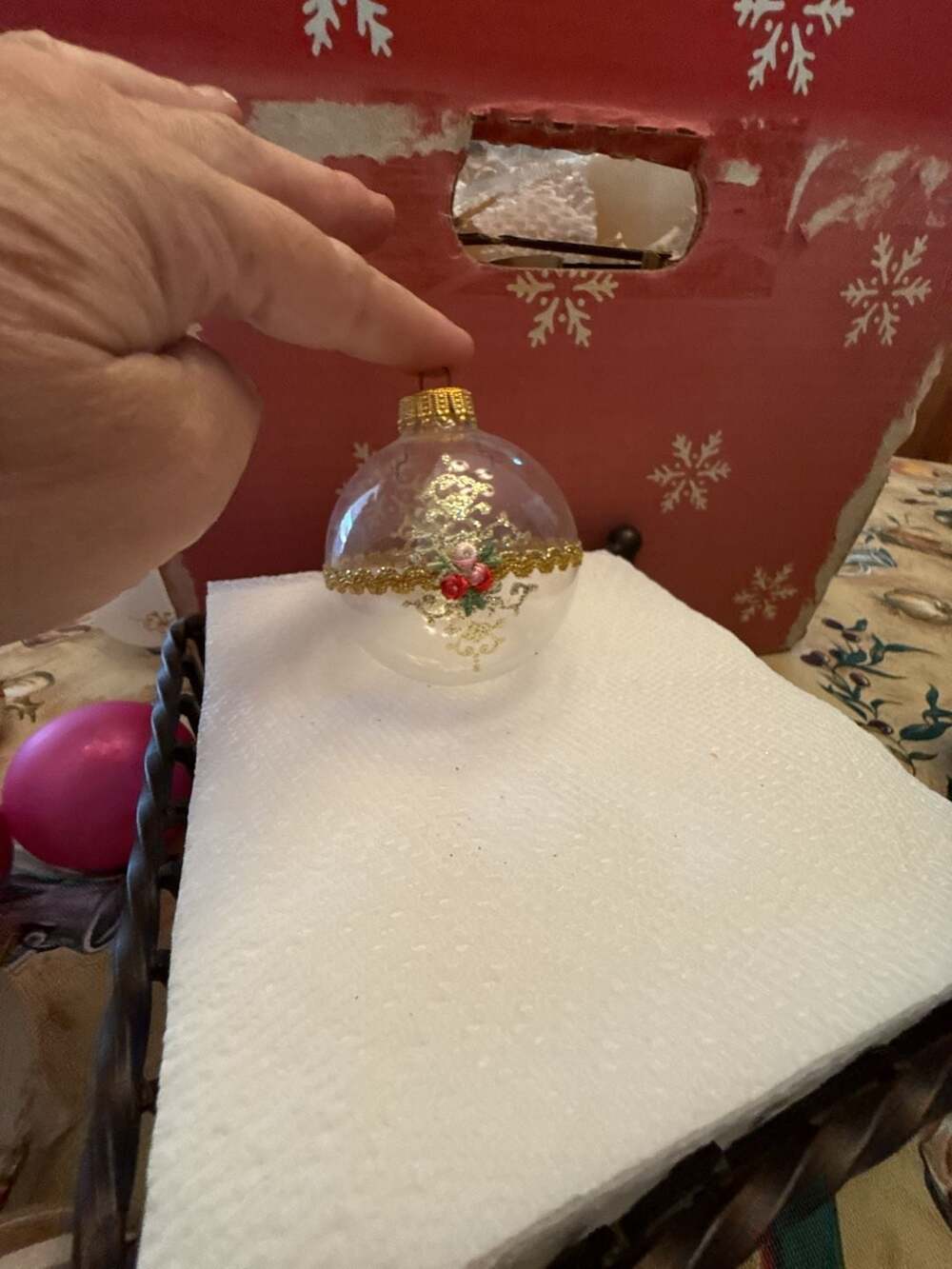Vtg West Germany Christmas Ornament with Glitter, Ribbon, Stiching Details